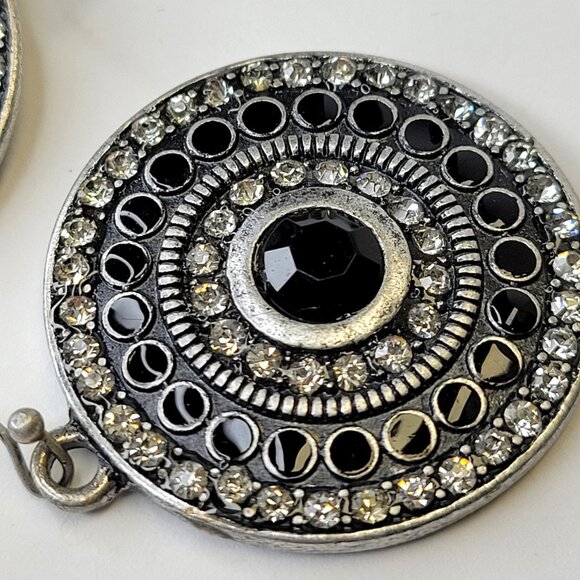 Silver and Black Oxidised Circular Drop Earrings - Picture 4 of 9